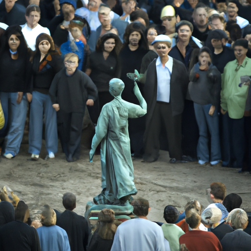 דיוויד קופרפילד עומד מול פסל החירות שנעלם, עם קהל מביט בחוסר אמון.